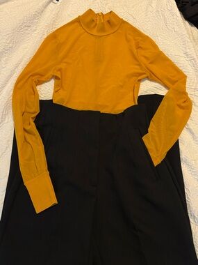 Marciano Mustard Yellow Long-Sleeve Mock Bodysuit and ZARA elastic dress pants